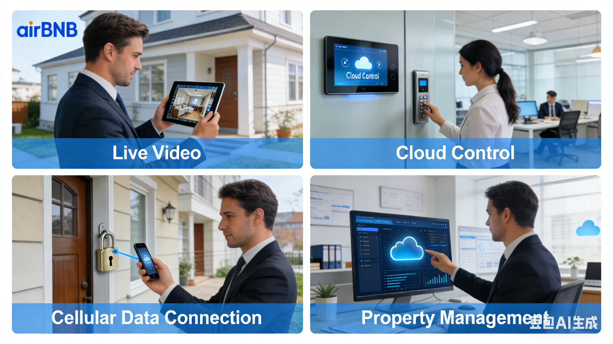 Cellular-connected IoT solution scenes for Airbnb, access control, cloud control center, and property agent lock